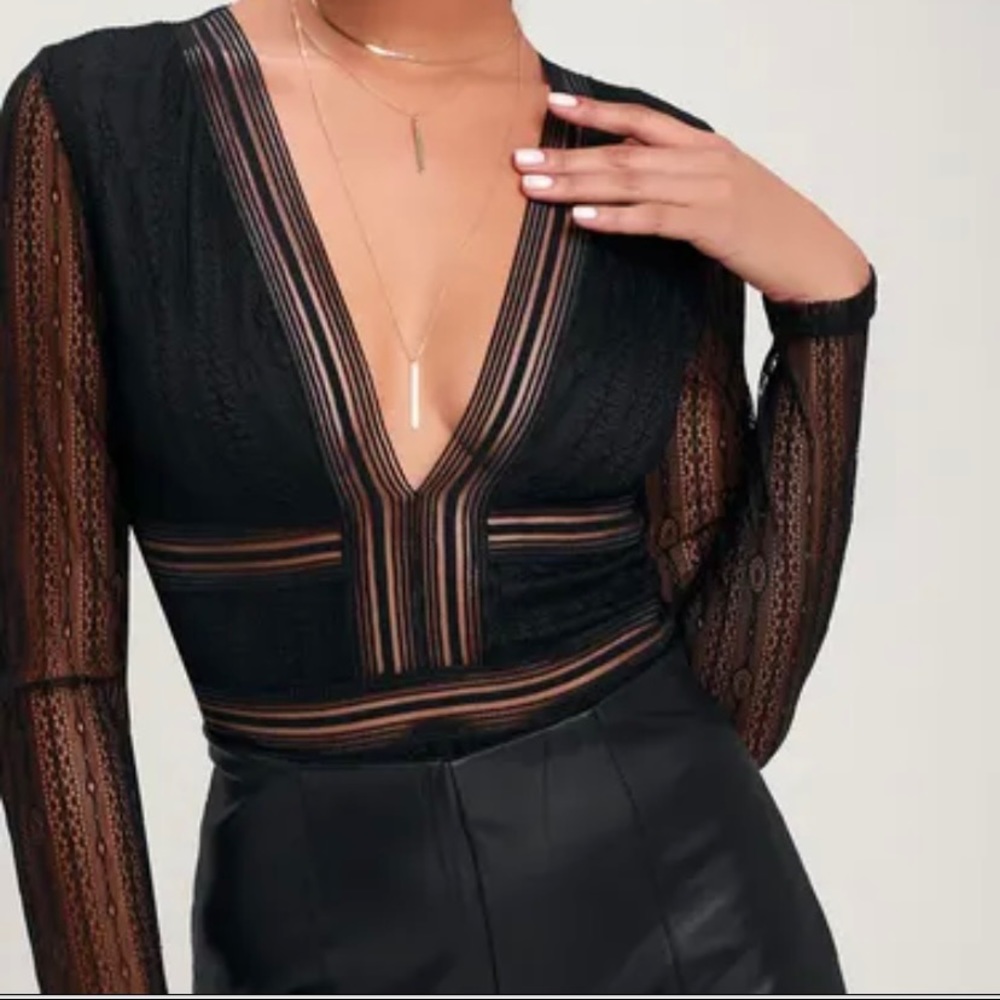 Lulu's Black Lace Long-Sleeve Plunge Bodysuit